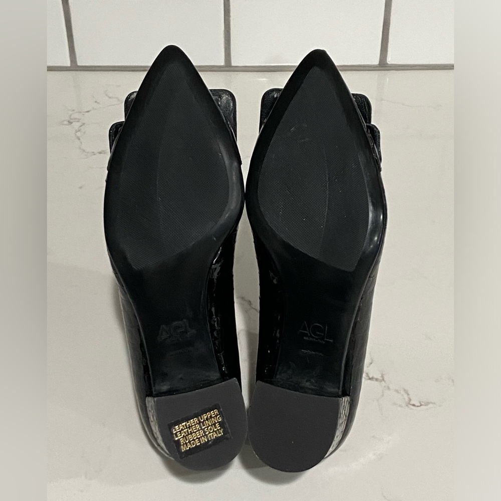 AGL Black Crocodile Print Leather Block Heel Buckle Pumps Women’s Size 35 New - Picture 11 of 15